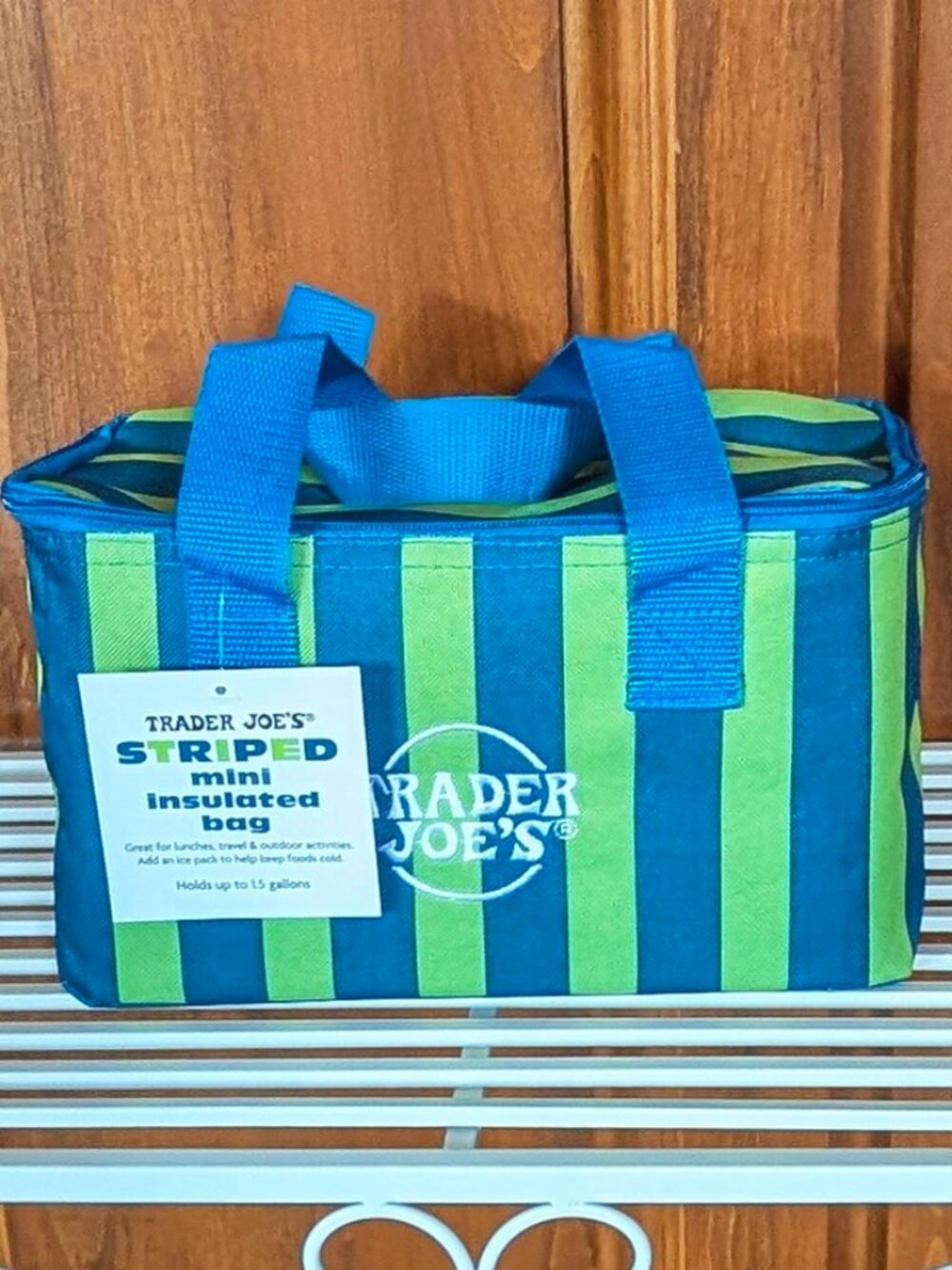 💚💙 Trader Joe’s Mini Reusable NEON LIME STRIPES Insulated Cooler Tote